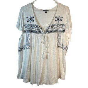 RXB White Blue Tassel Short Sleeve Bohemian Embroidered Size XL EUC #1266-AZ